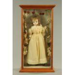 A Victorian wax doll, housed in a wooden cabinet. Height 76 cm.