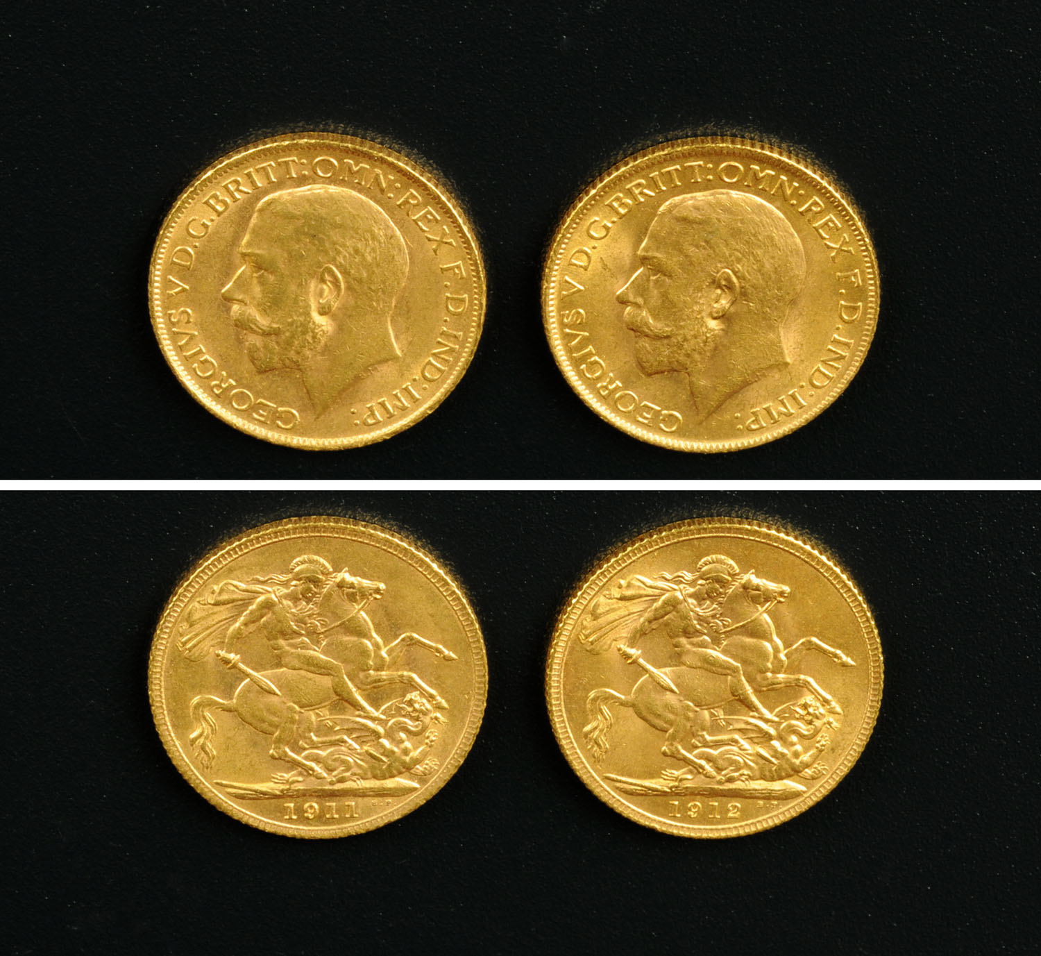 George V, 2 x sovereigns, 1911 and 1912, VF.