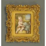 A 19th century miniature child with lamb, in gilt frame. Overall dimensions 15.