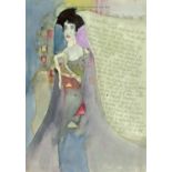 Percy Kelly, watercolour illustrated letter, "Klimt Lady", August 1978. 29 cm x 21 cm.