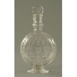 A Baccarat etched glass flask, moon shaped, with stopper,