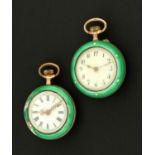 Two small silver and enamelled fob watches. Largest diameter 27 mm.