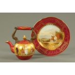 A Vienna style claret and gilt ground tea kettle and cover, late 19th/early 20th century,