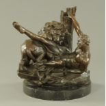 A bronze figure group, classical male figure being attacked by a lion. Height 32 cm.