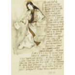 Percy Kelly, watercolour illustrated letter, Japanese lady with fan. 29.5 cm x 21 cm.