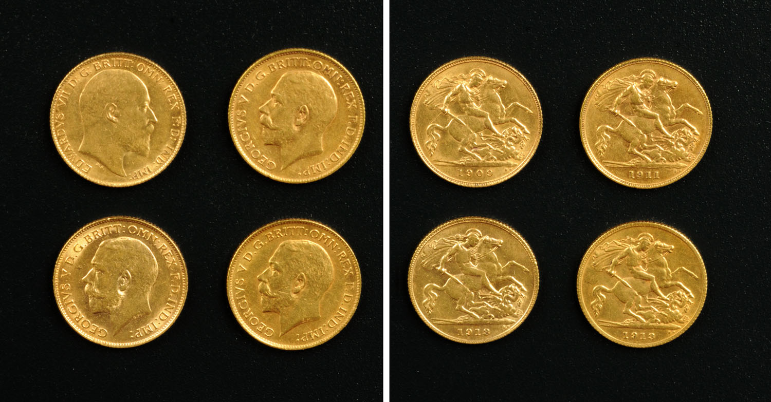 Edward VII-George V, 4 x 1/2 sovereigns, 1909, 1911 and 2 x 1913.