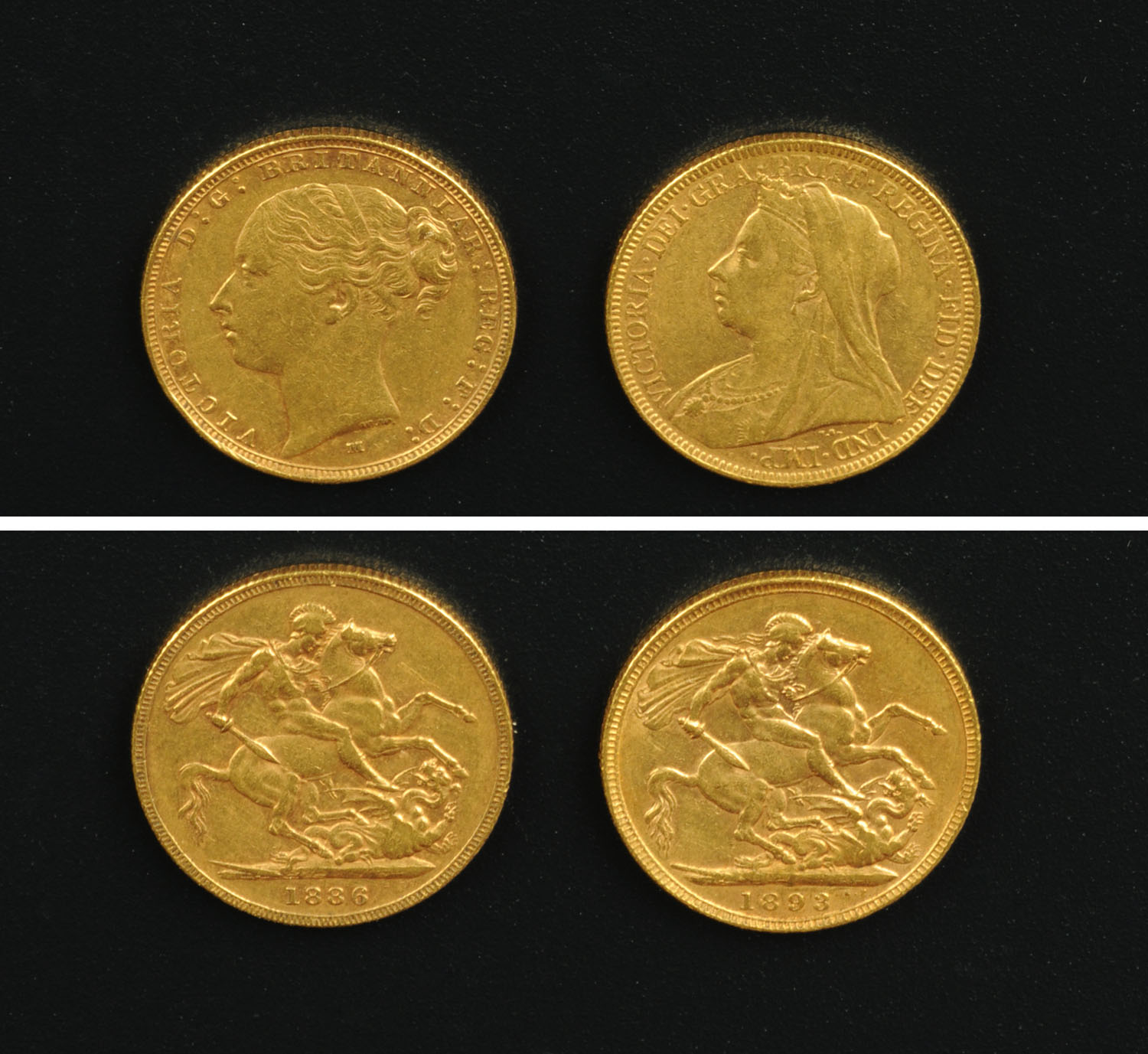 Victoria, 2 x sovereigns, 1886 Melbourne and 1893, F-F+.