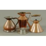 A pewter inkwell, Lumley & Co. half gallon copper measure, ships copper kettle and copper jug.