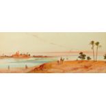 N. Glynton, Nile scene with figures before a townscape, signed and dated 1908, watercolour. 22.