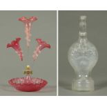 A Victorian three branch cranberry glass epergne,