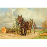 E.L. Beckles, watercolour, heavy horses logging. 36 cm x 53 cm, framed, signed.