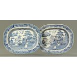 Two blue and white transfer printed Willow pattern meat plates, mid 19th century. Diameters 44.