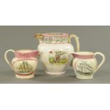 Three Sunderland lustre maritime jugs, 19th century, each with black printed decoration,