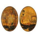 A pair of Venetian oval wooden plaques, each with studded edge, gondolas and figures.