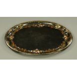 A Victorian inlaid mother of pearl and painted papier mache oval tray. Length 80 cm.