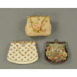 A French beadwork ladies evening bag, and two needlepoint evening bags, all early 20th century,