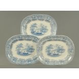 A set of three matching blue and white transfer printed meat plates,