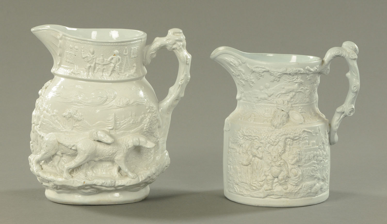 A Masons Ironstone Toho pattern relief moulded salt glazed jug, and a stoneware relief Falstaff jug,