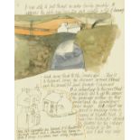 Percy Kelly, watercolour illustrated letter, road and white cottage. 25 cm x 20 cm.