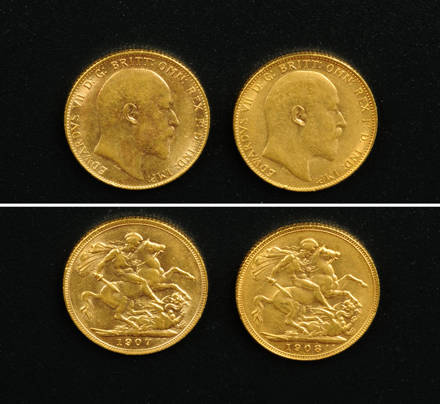 Edward VII, 2 sovereigns, 1907 and 1908, F-VF.