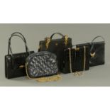 Five ladies black leather and reptile skin handbags, to include Berma of Paris,