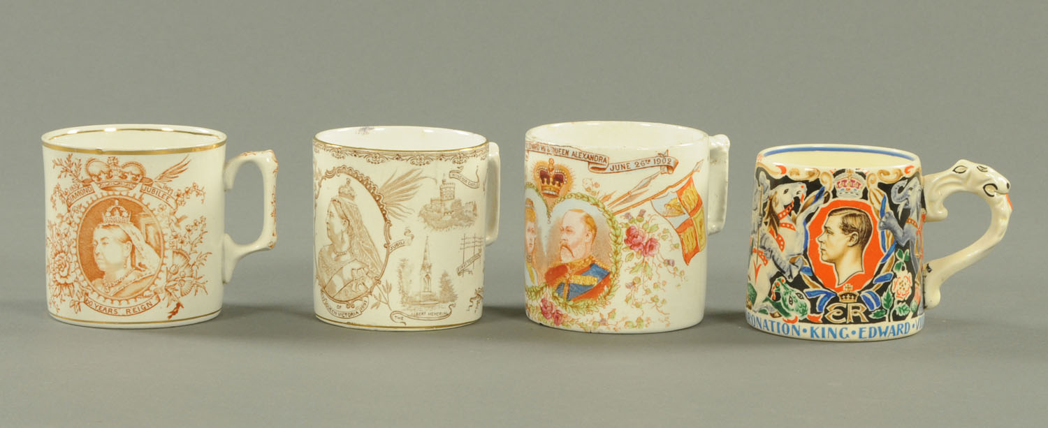 An Edward VIII Dame Laura Knight coronation mug, and three other Royal Souvenir mugs.