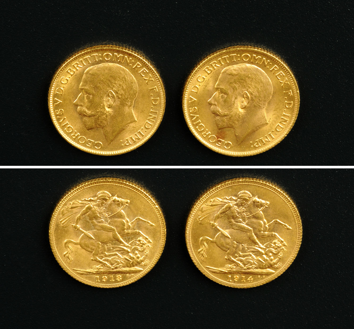 George V, 2 x sovereigns, 1913 and 1914, VF-EF (see illustration).