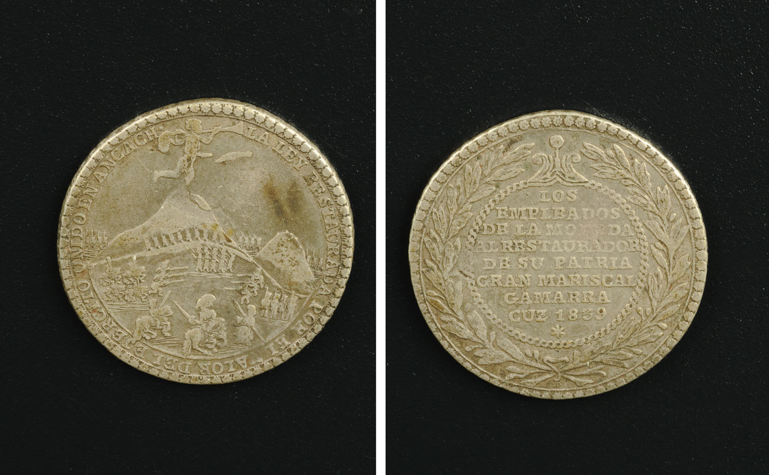 Peru, Gran Mariscal Gamarra, 1839 Proclamation silver 4 reales coin, Obv.