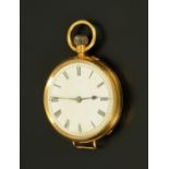 An 18 ct gold open face fob watch, the white enamel dial with Roman numerals,