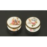 Two Bilston enamel circular snuffboxes, early 19th century, each with waisted body,