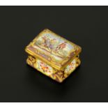 An English enamel snuffbox, circa 1800, rectangular waisted form,