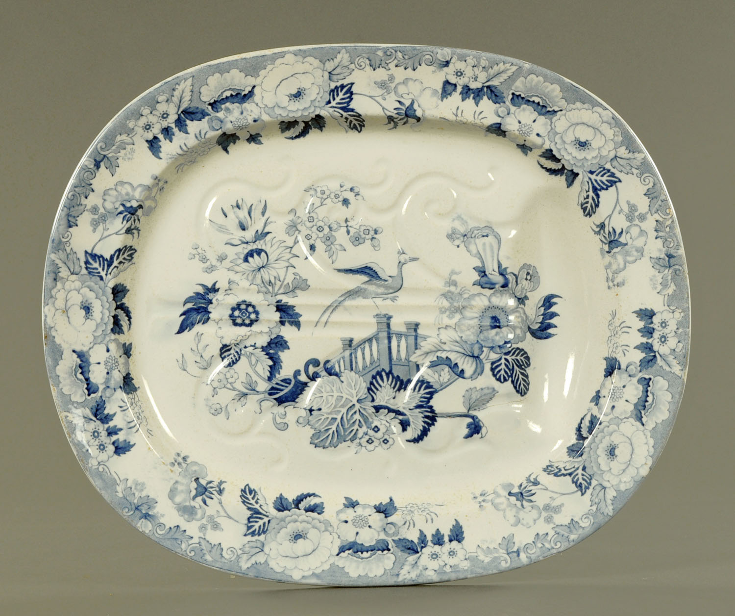 A blue and white transfer printed turkey dish, mid 19th century,