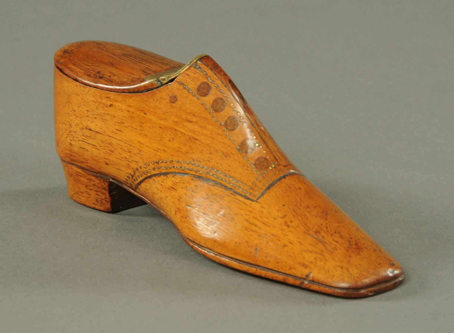 A large walnut and mahogany snuff shoe, mid 19th century,