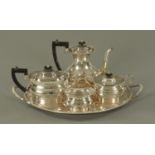 An electroplated silver four piece tea and coffee set and associated tray, 19th century and later.