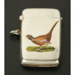 A silver Vesta case, with enamelled cock pheasant motif, Chester 1912 maker "JMB",