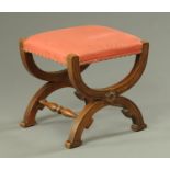 A late Victorian oak Klismos stool, boxwood and ebony strung. Top dimensions 47 cm x 42 cm.