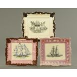 Three Sunderland lustre maritime scene plaques, one decorated with The Flying Cloud Boston,