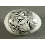 A Whitehaven Pottery transfer printed darning egg, "The Young Nurse" and "Little Titty",