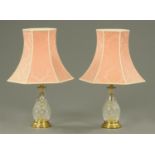 A pair of glass light shades, baluster form, with brass bases and pink shades.