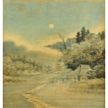 A Japanese woven panel, circa 1900, depicting buildings in moonlit landscape. 51 cm x 47 cm.