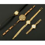 Four ladies wristwatches, two with 9 ct gold cases and straps and two 9 ct gold cased only.