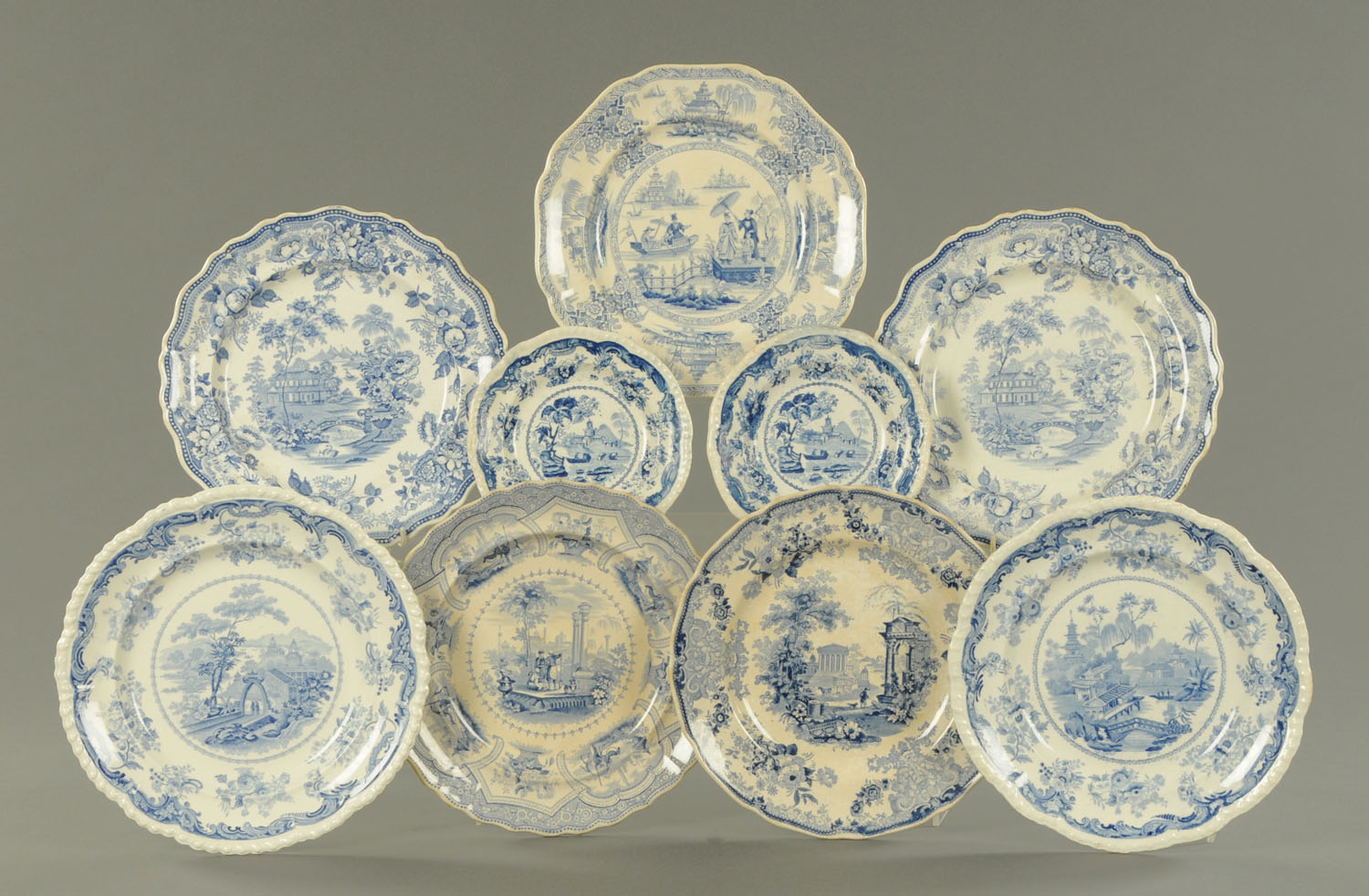 Seven blue and white transfer printed dinner plates and two small side plates,