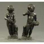 A pair of lead garden figures, putto with bird and nest, probably by William Woods of Tatlow.