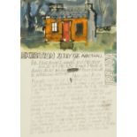 Percy Kelly, watercolour illustrated letter, July 1976 cottage scene. 29.5 cm x 21 cm.