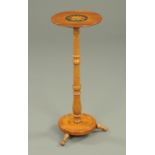 A Victorian walnut candle stand, floral marquetry, with turned column,