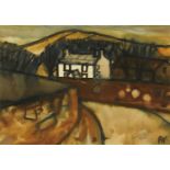 Percy Kelly, watercolour greetings card, Cumbrian cottage in landscape.