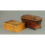 A Regency rosewood tea caddy, and an inlaid walnut lap desk. Largest length 34.5 cm.