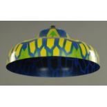A blue plastic psychedelic light shade, early 1970's, coloured in yellow and green inverted hearts,