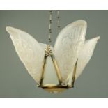 A good Art Deco light fitting, circa 1920, with four moulded frosted glass lobed sections,