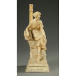 A carved alabaster figural table lamp, modelled as a lady seated on a rocky mound,